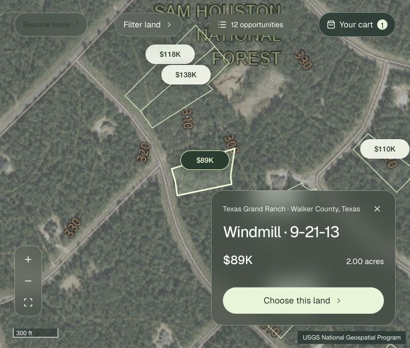 Haven parcel shopping with land prices and Windmill 9-21-13 selected: $89K, 2 acres, and Choose this land